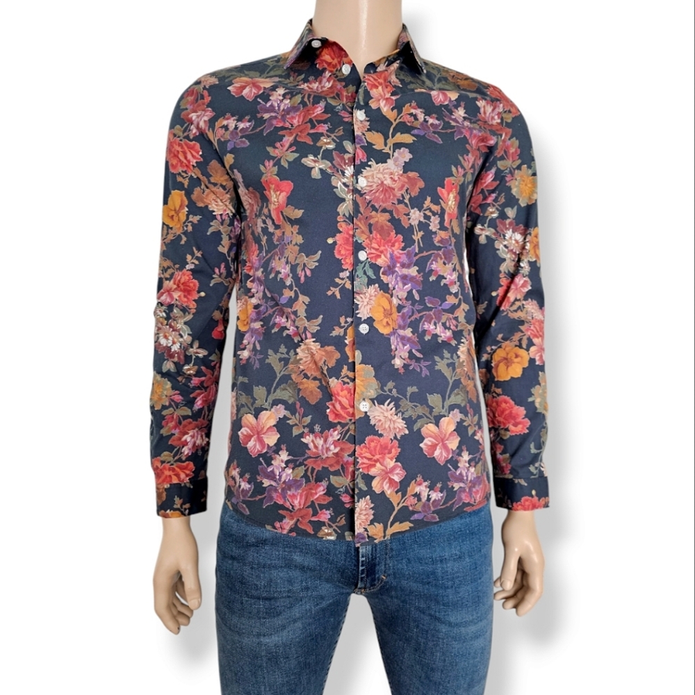 ASOS Multicolored Blue Floral Slim Fit Button Down Shirt Size Large